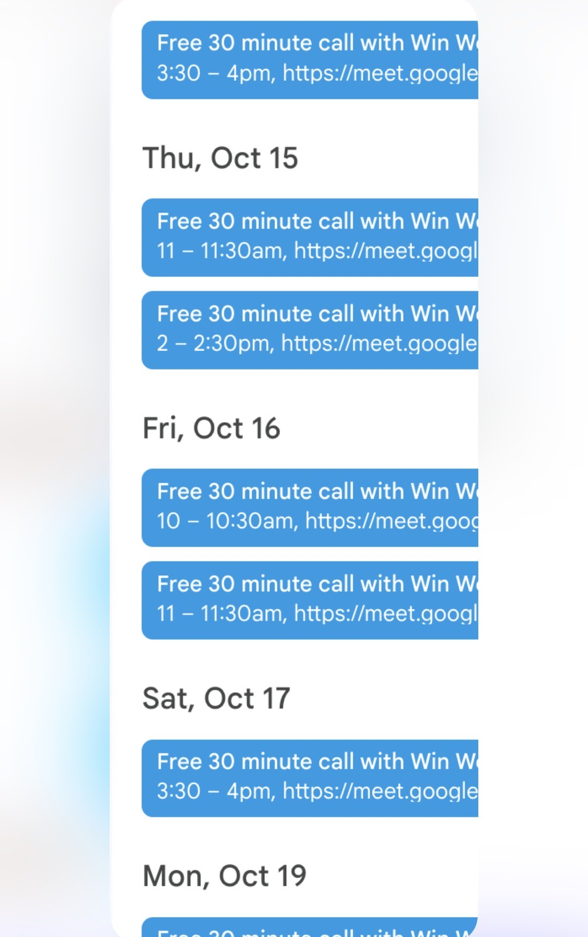 Jess's calendar showing a week of booked 30 minute calls
